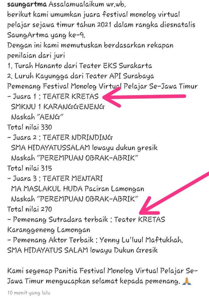 "KRETAS" Sabet Dua Juara dalam Festivas Monolog Virtual Pelajar se-JATIM